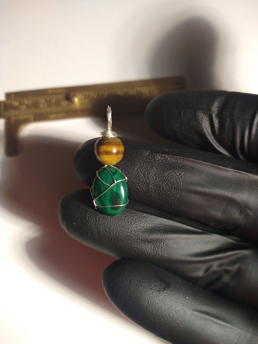 Green Malachite and Tiger Eye Wire-Wrapped Pendant - Unbranded